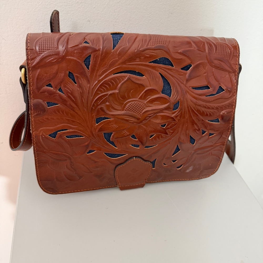 Patricia Nash Ilina Crossbody Bag Women Medium Brown Tooled Leather Denim Bag